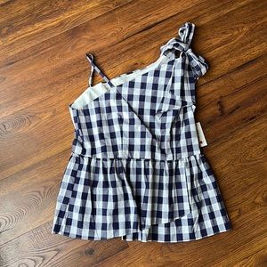 Navy Buffalo Plaid, One Shoulder Top